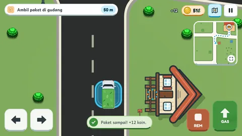 Truk berhenti di depan rumah dengan pesan Paket sampai, plus 12 koin