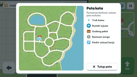 Peta kota lengkap dengan danau, jalan, dan keterangan simbol